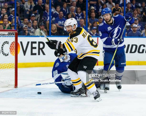 Brad Marchand of the Boston Bruins skates against the Tampa Bay Lightning during Game One of the Eastern Conference Second Round during the 2018 NHL...
