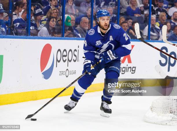 Ryan Callahan of the Tampa Bay Lightning against the Boston Bruins during Game One of the Eastern Conference Second Round during the 2018 NHL Stanley...