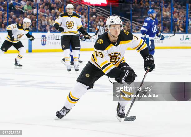 Charlie McAvoy of the Boston Bruins skates against the Tampa Bay Lightning during Game One of the Eastern Conference Second Round during the 2018 NHL...