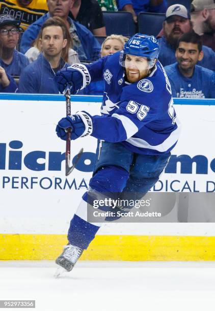 Braydon Coburn the Tampa Bay Lightning against the Boston Bruins during Game One of the Eastern Conference Second Round during the 2018 NHL Stanley...