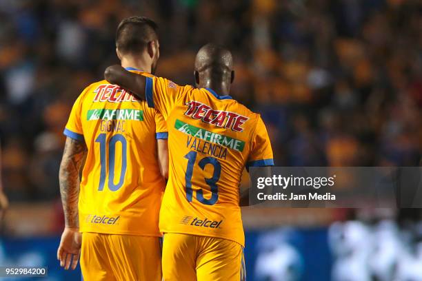 Andre-Pierre Gignac of Tigres celebrates with Enner Valencia after scoring the second goal of his team, during the 17th round match between Tigres...
