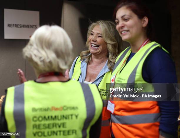 British Red Cross Celebrity Ambassador Amanda Redman taking part in an emergency simulation with an extreme snow scenario by the British Red Cross UK...