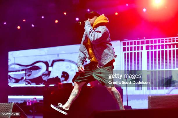 Rapper Mac Miller performs onstage during the Smokers Club Festival at The Queen Mary on April 29, 2018 in Long Beach, California.