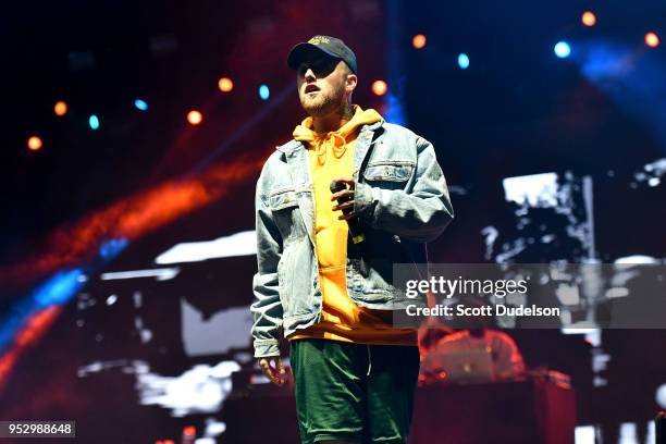 Rapper Mac Miller performs onstage during the Smokers Club Festival at The Queen Mary on April 29, 2018 in Long Beach, California.