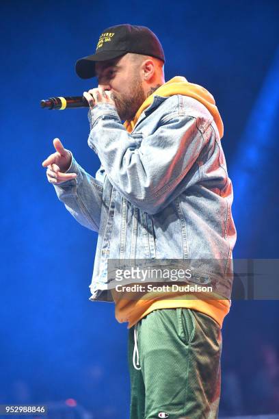 Rapper Mac Miller performs onstage during the Smokers Club Festival at The Queen Mary on April 29, 2018 in Long Beach, California.