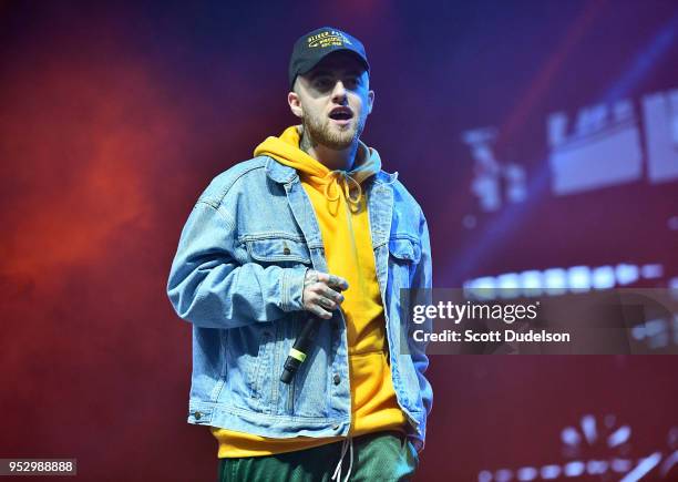 Rapper Mac Miller performs onstage during the Smokers Club Festival at The Queen Mary on April 29, 2018 in Long Beach, California.