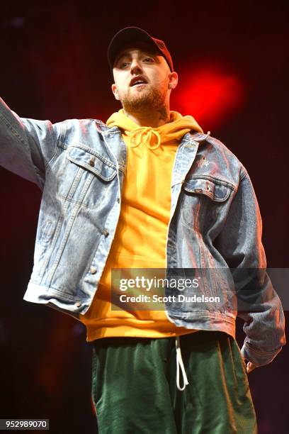 Rapper Mac Miller performs onstage during the Smokers Club Festival at The Queen Mary on April 29, 2018 in Long Beach, California.