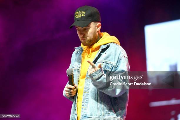 Rapper Mac Miller performs onstage during the Smokers Club Festival at The Queen Mary on April 29, 2018 in Long Beach, California.