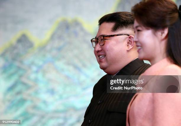 Kim Jong Un, North Korea's leader and Ri Sol Ju, North Korea's first lady, during the inter-Korean summit at the Peace House in the village of...