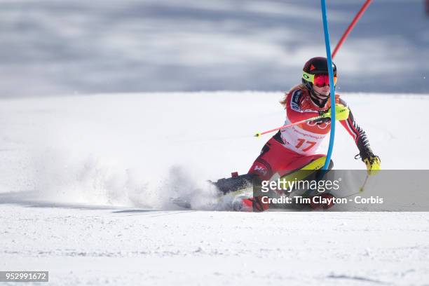Erin Mielzynski of Canada in action during the Alpine Skiing - Ladies' Slalom competition at Yongpyong Alpine Centre on February 16, 2018 in...