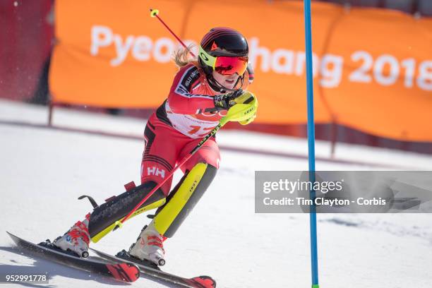 Erin Mielzynski of Canada in action during the Alpine Skiing - Ladies' Slalom competition at Yongpyong Alpine Centre on February 16, 2018 in...