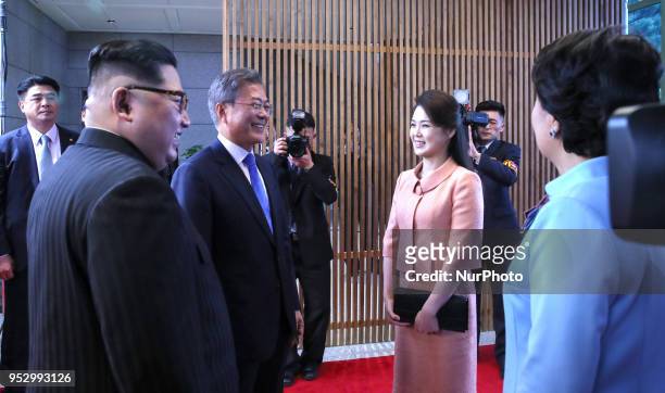 North Korea's leader Kim Jong Un, South Korea's President Moon Jae-in, Ri Sol Ju , wife of North Korea's leader and Kim Jung-sook, wife of South...