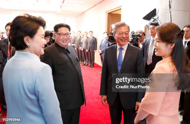 North Korea's leader Kim Jong Un, South Korea's President Moon Jae-in, Ri Sol Ju , wife of North Korea's leader and Kim Jung-sook, wife of South...