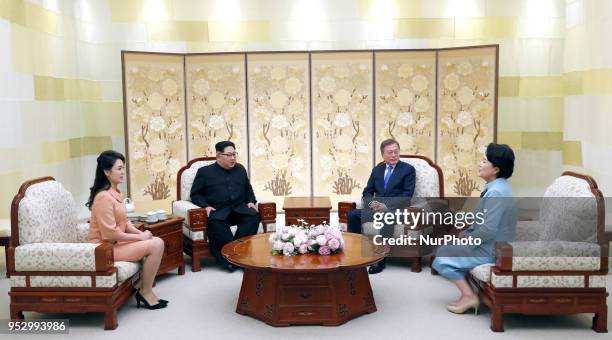 North Korea's leader Kim Jong Un , South Korea's President Moon Jae-in , Ri Sol Ju , wife of North Korea's leader and Kim Jung-sook , wife of South...