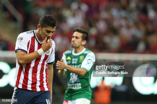 Angel Zaldivar of Chivas reacts during the 17th round match between Chivas and Leon as part of the Torneo Clausura 2018 Liga MX at Akron Stadium on...
