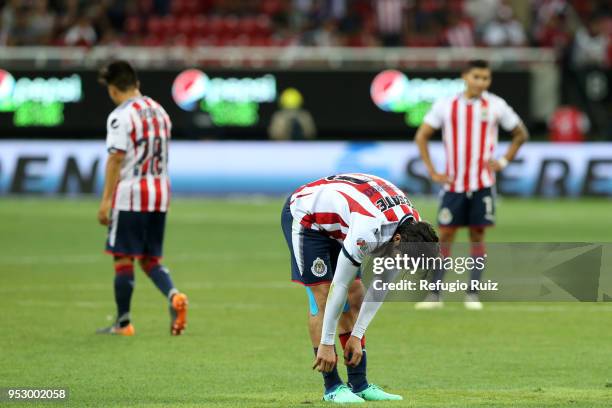 Players of Chivas react a defeat in the 17th round match between Chivas and Leon as part of the Torneo Clausura 2018 Liga MX at Akron Stadium on...