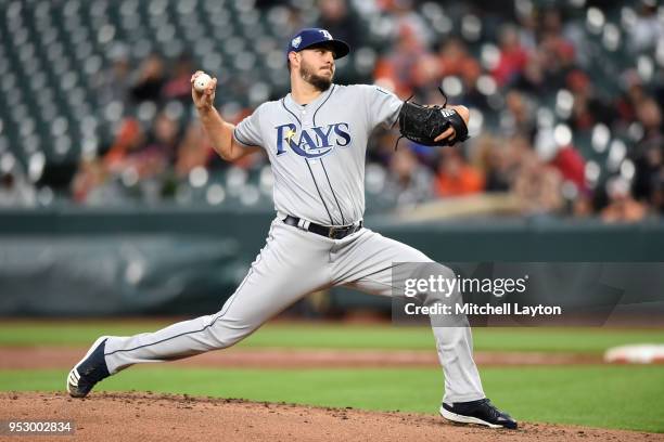 Jacob Faria of the Tampa Bay Rays pitches during a baseball game against the Baltimore Orioles at Oriole Park at Camden Yards on April 23, 2018 in...