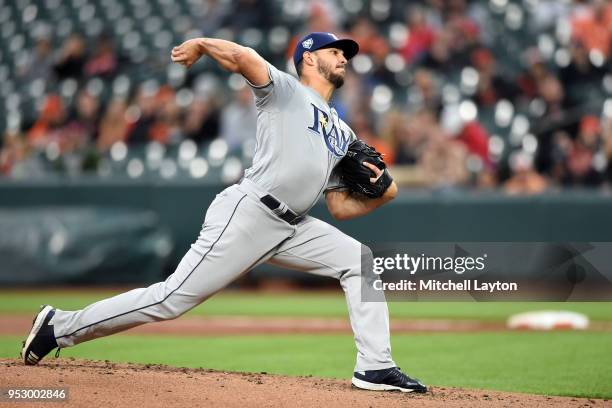 Jacob Faria of the Tampa Bay Rays pitches during a baseball game against the Baltimore Orioles at Oriole Park at Camden Yards on April 23, 2018 in...