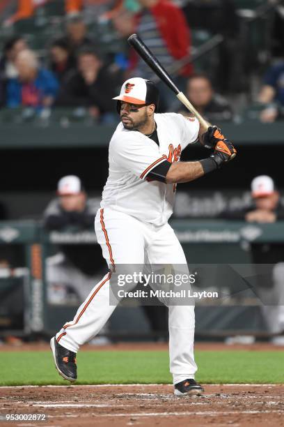 Pedro Alvarez of the Baltimore Orioles prepares for a pitch during a baseball game against the Tampa Bay Rays at Oriole Park at Camden Yards on April...
