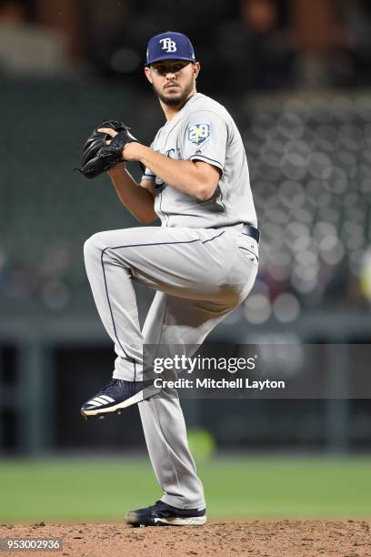 Jacob Faria of the Tampa Bay Rays pitches during a baseball game against the Baltimore Orioles at Oriole Park at Camden Yards on April 23, 2018 in...