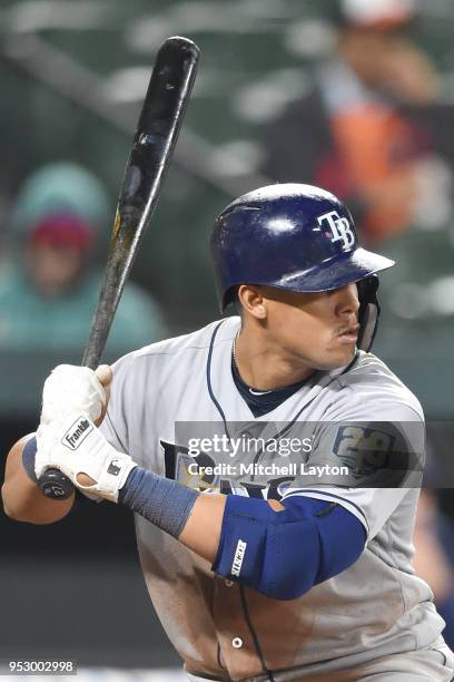 Carlos Gomez of the Tampa Bay Rays prepares for a pitch during a baseball game against the Baltimore Orioles at Oriole Park at Camden Yards on April...