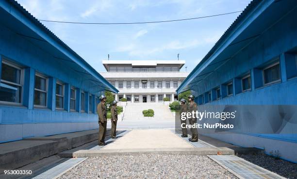 Soldiers at border between North Korea and South Korea, one day before the Inter-Korean Summit 2018, in Panmunjom, on April 26, 2018.