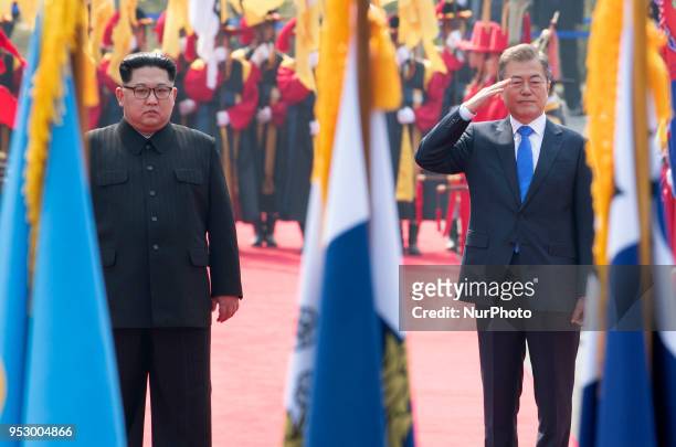 South Korean President Moon Jae-in and North Korean leader Kim Jong Un attend the official welcome ceremony ahead of the Inter-Korean Summit on April...