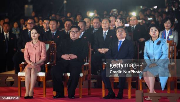 North Korea's leader Kim Jong Un and his wife Ri Sol Ju sit with South Korea's President Moon Jae-in and his wife Kim Jung-sook during a farewell...