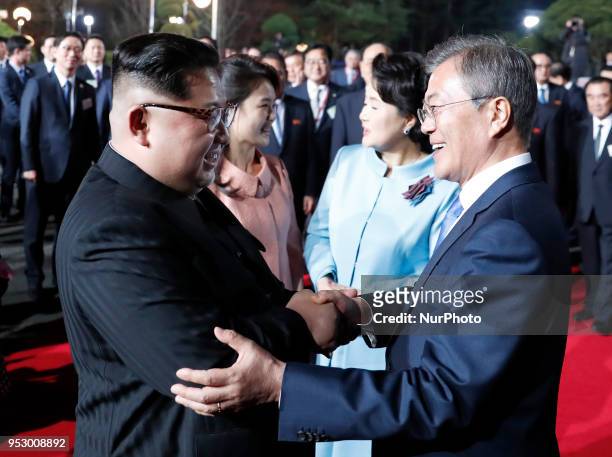 Kim Jong Un, North Korea's leader , Moon Jae-in, South Korea's president , Ri Sol Ju, North Korea's first lady and Kim Jung-sook, South Korea's first...