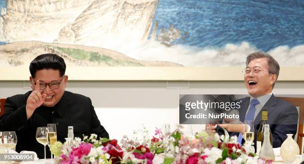 North Korea's leader Kim Jong Un and South Korea's President Moon Jae-in during Inter-Korean Summit 2018 in Panmunjom on April 27, 2018. - The...