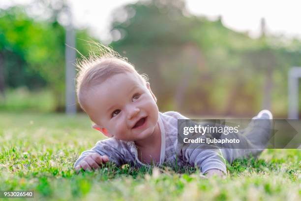 happy baby in nature - crawling stock pictures, royalty-free photos & images