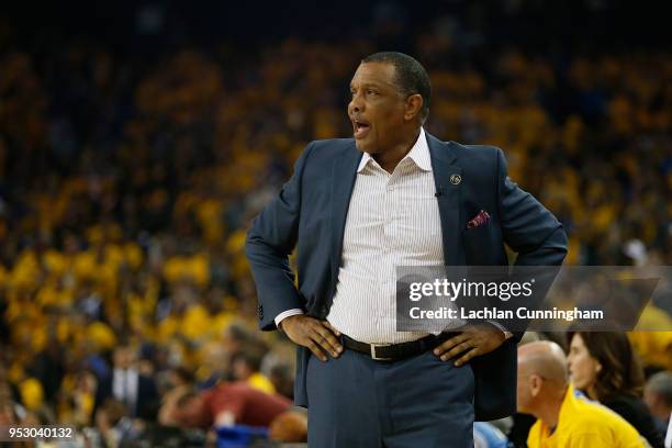 New Orleans Pelicans head coach Alvin Gentry reacts after being given a technical foul against the Golden State Warriors during Game One of the...