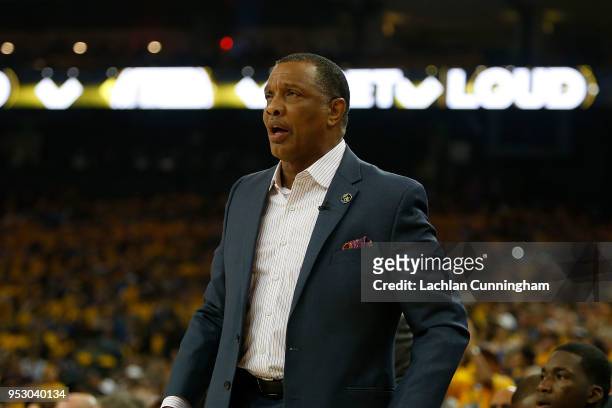 New Orleans Pelicans head coach Alvin Gentry reacts after being given a technical foul against the Golden State Warriors during Game One of the...