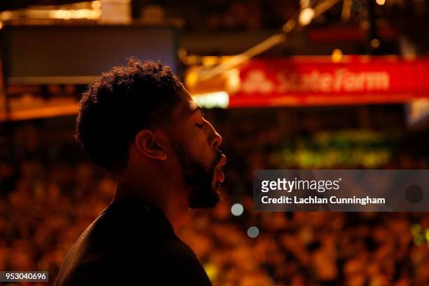 Anthony Davis of the New Orleans Pelicans looks on during player introductions for Game One of the Western Conference Semifinals between the New...