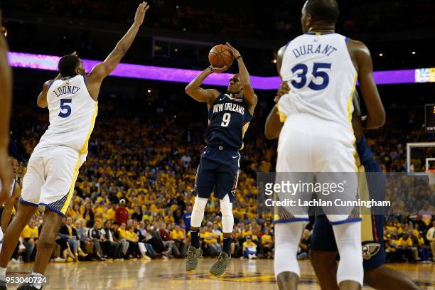 Rajon Rondo of the New Orleans Pelicans shoots the ball during Game One of the Western Conference Semifinals at ORACLE Arena on April 28, 2018 in...