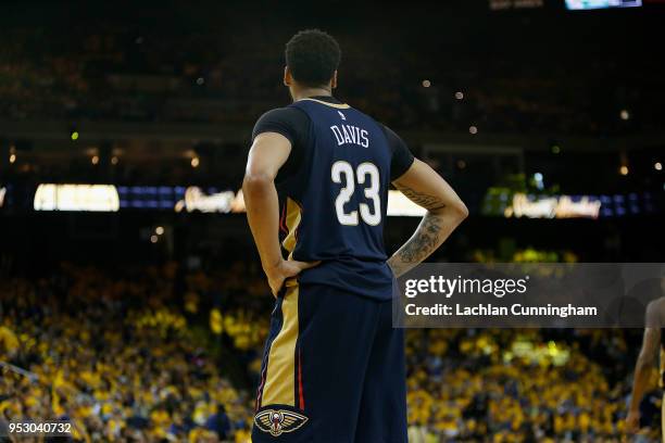 Anthony Davis of the New Orleans Pelicans looks on during Game One of the Western Conference Semifinals against the Golden State Warriors at ORACLE...