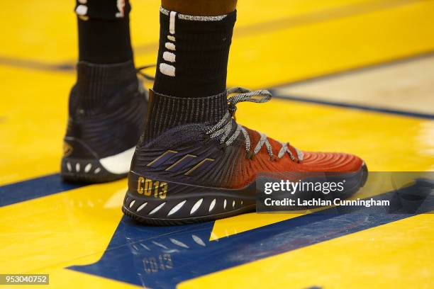 Detail shot of the sneakers worn by Cheick Diallo of the New Orleans Pelicans during Game One of the Western Conference Semifinals at ORACLE Arena on...