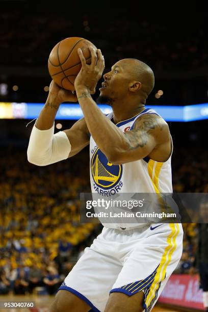 David West of the Golden State Warriors shoots the ball during Game One of the Western Conference Semifinals at ORACLE Arena on April 28, 2018 in...