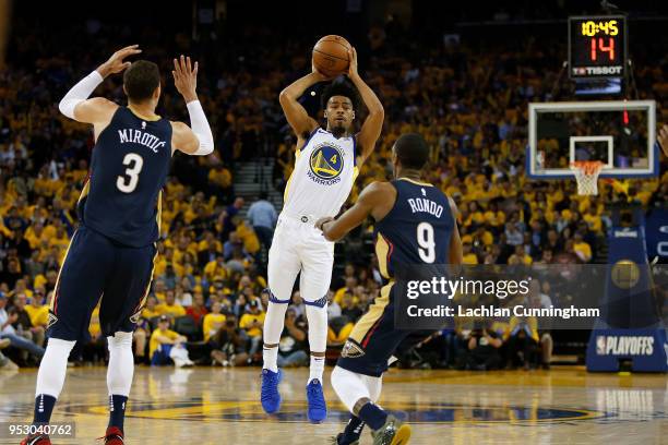 Quinn Cook of the Golden State Warriors looks to pass the ball during Game One of the Western Conference Semifinals against the New Orleans Pelicans...