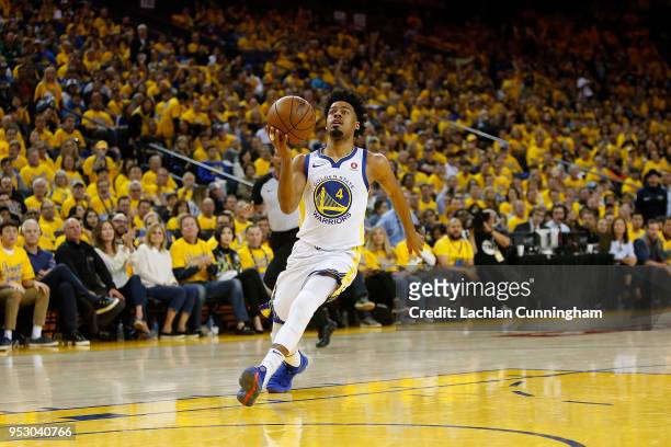 Quinn Cook of the Golden State Warriors goes for a lay up during Game One of the Western Conference Semifinals against the New Orleans Pelicans at...