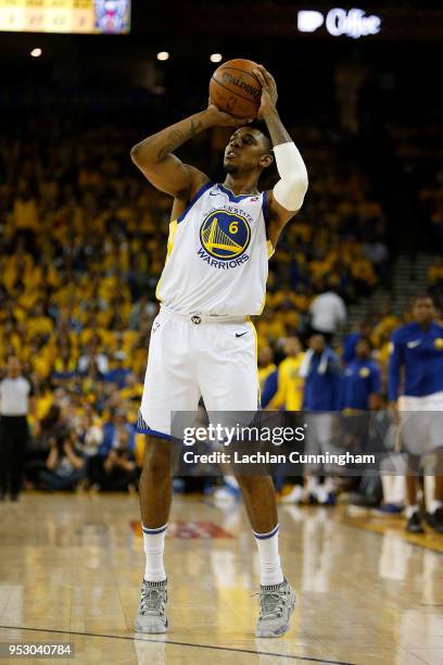 Nick Young of the Golden State Warriors shoots a three-point basket during Game One of the Western Conference Semifinals against the New Orleans...