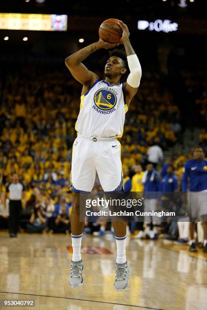 Nick Young of the Golden State Warriors shoots a three-point basket during Game One of the Western Conference Semifinals against the New Orleans...