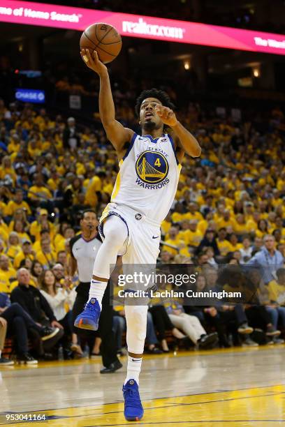 Quinn Cook of the Golden State Warriors goes for a lay up during Game One of the Western Conference Semifinals against the New Orleans Pelicans at...