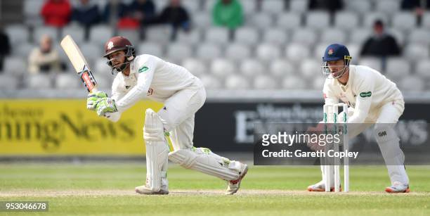 Ben Foakes of Surrey bats during day four of the Specsavers County Championship Division One match between Lancashire and Surrey at Old Trafford on...