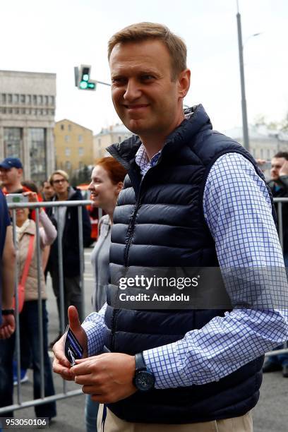 Russian opposition leader Alexei Navalny attends a rally for 'free Internet' and in support of the Telegram Messenger in Akademika Sakharova Avenue...