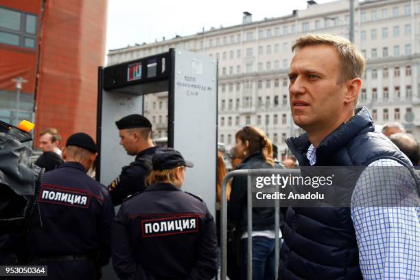 Russian opposition leader Alexei Navalny attends a rally for 'free Internet' and in support of the Telegram Messenger in Akademika Sakharova Avenue...