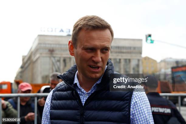 Russian opposition leader Alexei Navalny attends a rally for 'free Internet' and in support of the Telegram Messenger in Akademika Sakharova Avenue...