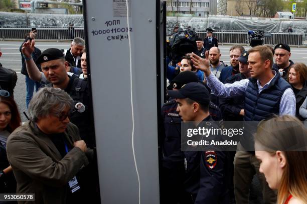 Russian opposition leader Alexei Navalny attends a rally for 'free Internet' and in support of the Telegram Messenger in Akademika Sakharova Avenue...