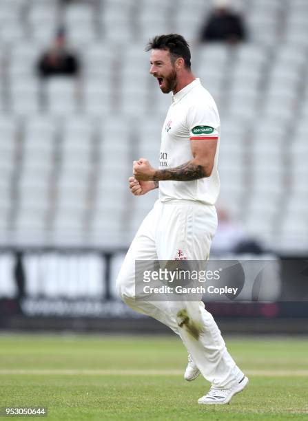 Jordan Clark of Lancashire celebrates dismissing Dean Elgar of Surrey during day four of the Specsavers County Championship Division One match...