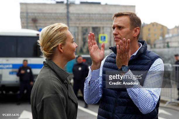 Russian opposition leader Alexei Navalny with wife Yulia attend a rally for 'free Internet' and in support of the Telegram Messenger in Akademika...
